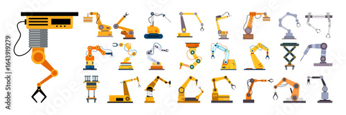 Industrial robotic arms and automation machinery illustration set