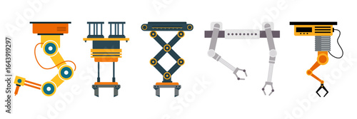 Industrial robotic arms and automation machinery illustration set
