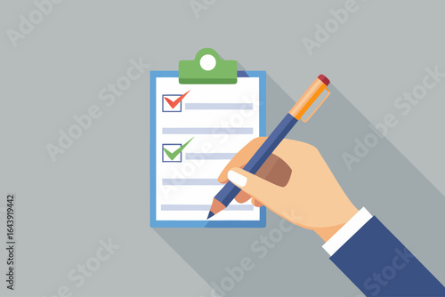 Hand marking a checklist on a clipboard, Task management and planning concept, Flat design vector illustration with long shadow - Generative AI