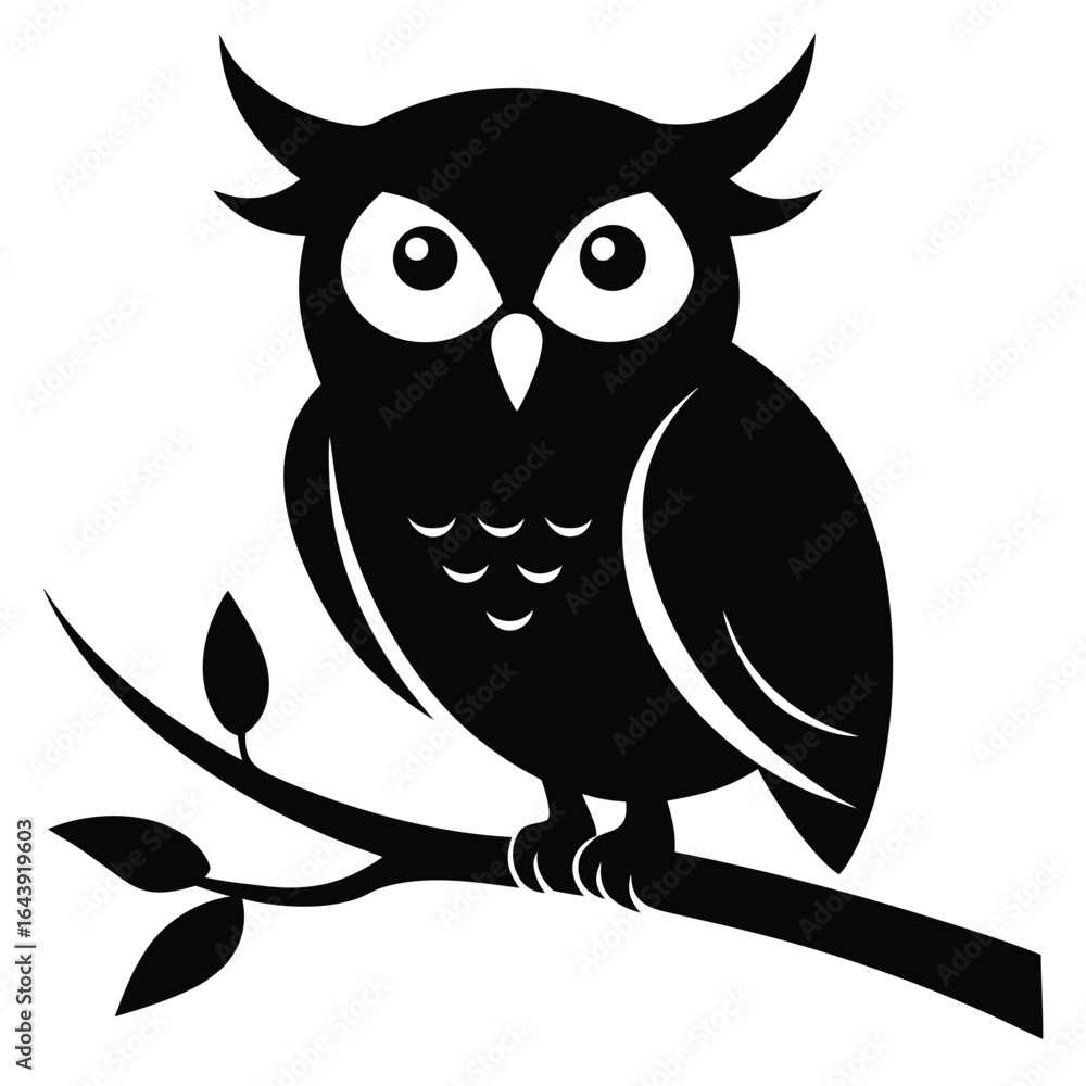 Fototapeta premium Cute cartoon owl sitting on a tree branch at night illustration