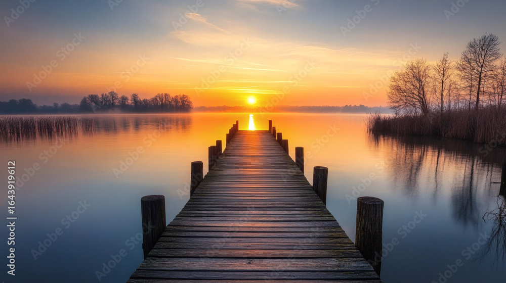 Obraz premium Peaceful sunrise over a lake with a wooden pier.
