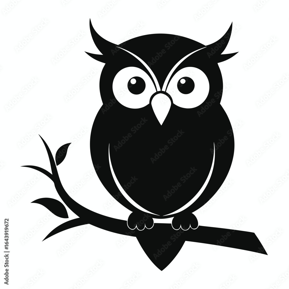 Fototapeta premium Owl sitting on a tree branch cartoon illustration at night
