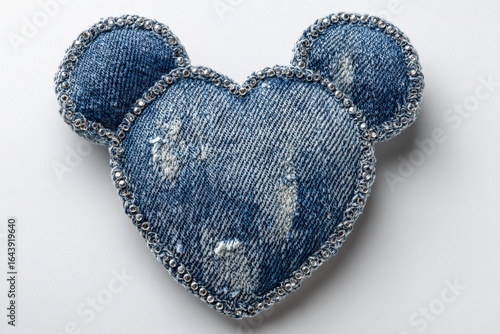 Denim heart patch with rounded ears and glitter edge, modern textile badge style illustration photographed on soft studio background