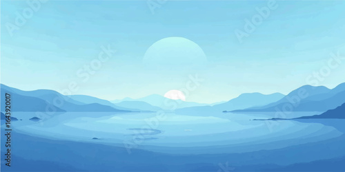 Blue sky over sea with mountains and horizon view