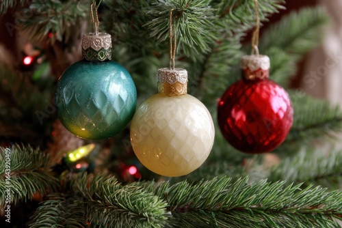Three ornaments hang on a Christmas tree glowing red green  ivory