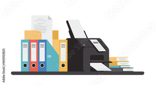Modern office printer with documents and files in flat design