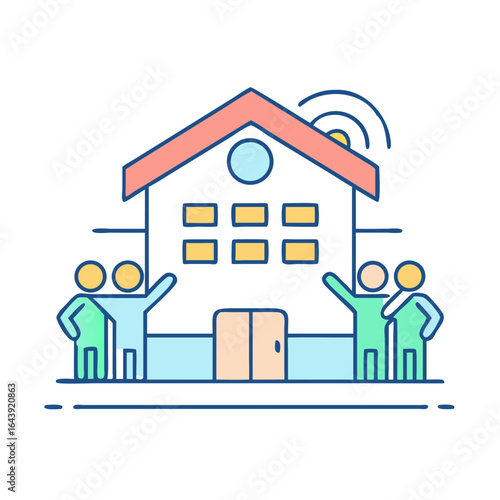 People gathered outside a smart home with wi fi signal