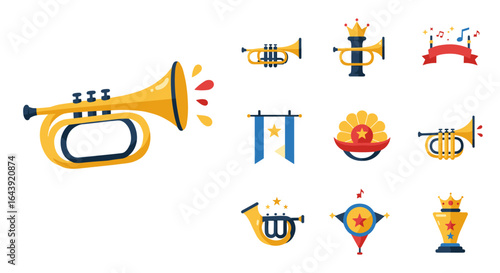 Colorful musical instruments icons with trumpet and crown for festive designs