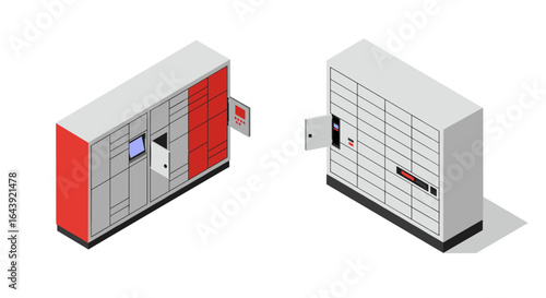 Isometric parcel lockers with open compartments and control panels