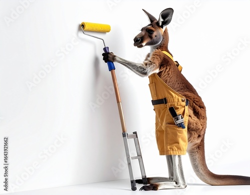 A kangaroo wearing overalls and gloves meticulously paints a white wall with a roller, standing on a small ladder.