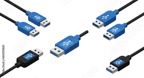 Isometric usb cables pattern featuring blue and black connectors on white background
