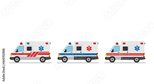 Three modern ambulances in different color schemes on white background