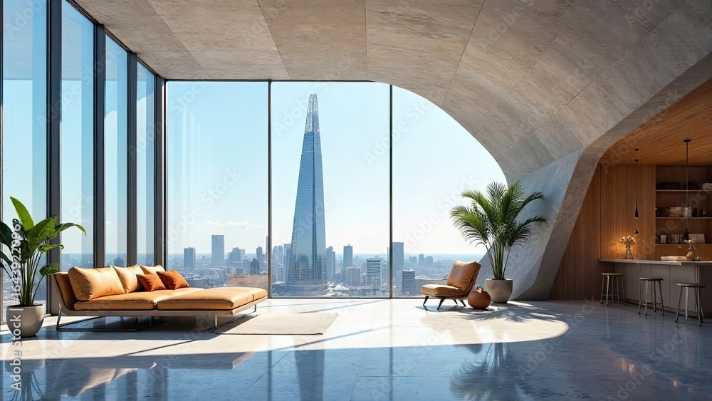 Fototapeta premium Serene High-Rise Living Room with Panoramic City View and Modern Design Elements