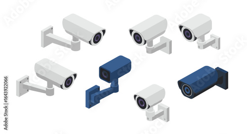 Isometric security cameras set on white background