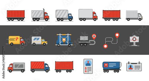 Colorful delivery trucks and logistics icons on flat style road background