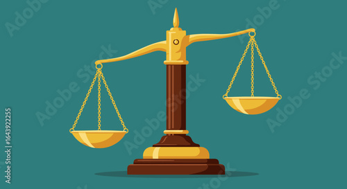 Golden justice balance on teal background in flat design style