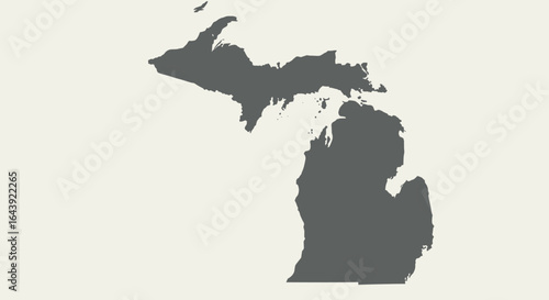 Michigan map silhouette with upper and lower peninsulas in grey