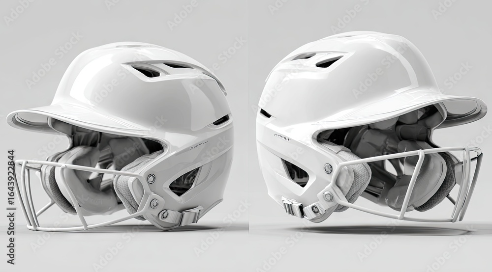 Fototapeta premium Two pristine white baseball batting helmets with face masks, shown in profile and three-quarter views against a neutral background