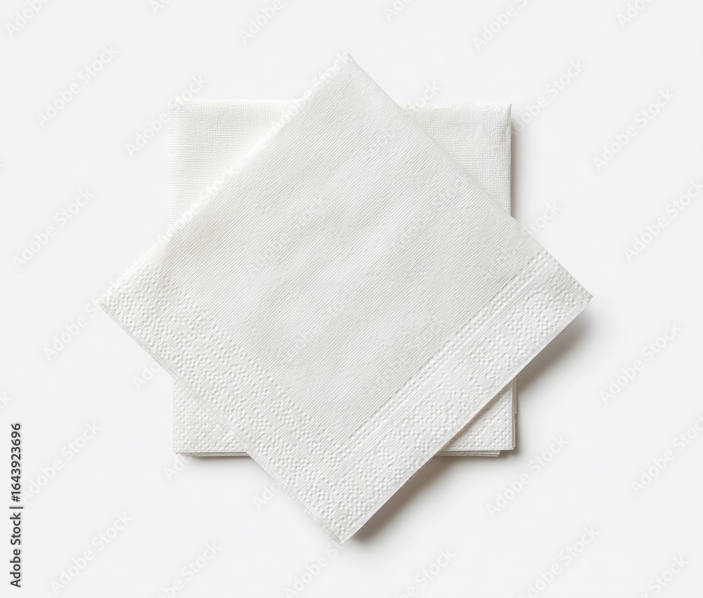 Fototapeta premium Two pristine white paper napkins, slightly overlapping, lie on a stark white background, exhibiting a subtle texture and folded edges