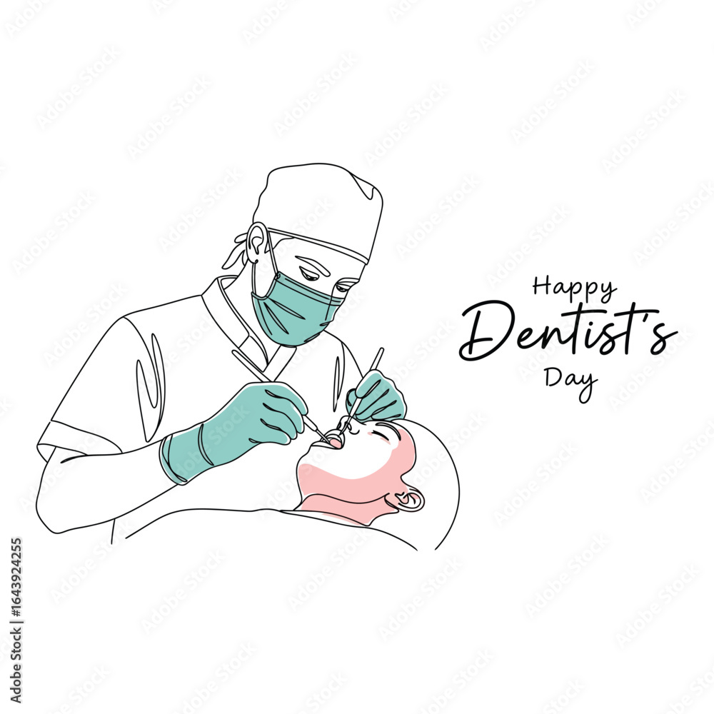 Obraz premium Vector art of happy dentists day, dentist examining patient isolated on white background