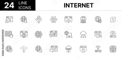 Collection of 24 Internet line icons featuring editable strokes. These outline icons depict various modes of Internet, cyberspace, icon, website, link, datum, web, online, domain,