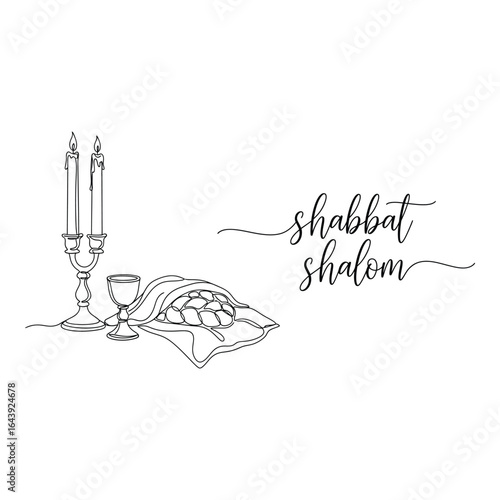 Vector art of shabbat shalom with candles and wine isolated on white background