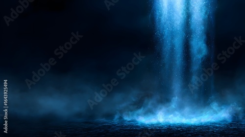 Blue light streams down through a dark, smoky space.