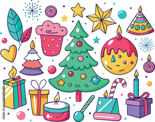 Illustration of a Whimsical Christmas Collection Featuring Festive Elements and Holiday Cheer on transparent background