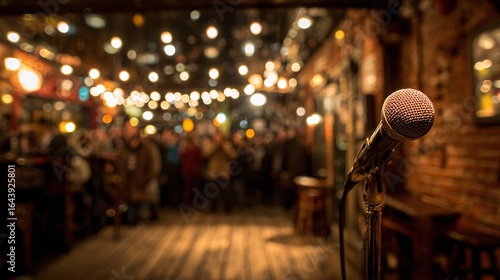 Close-Up of Microphone at Vibrant Pub with String Lights and Audience