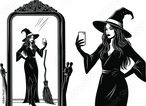 A witch taking a selfie in front of a mirror isolated on white background