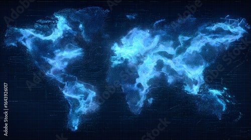 Digital world map illustration with glowing, light blue contours.