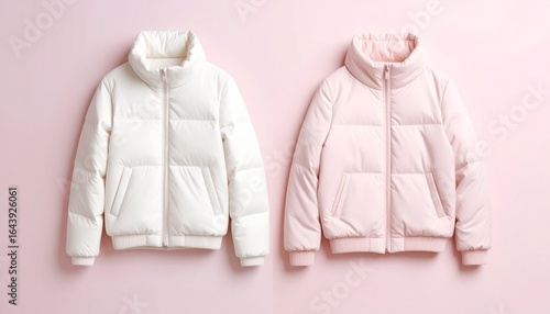 Two Stylish Puffer Jackets: White and Pink Winter Coats on Pink Background
