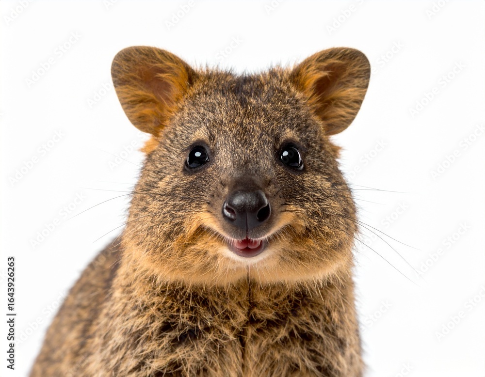 Naklejka premium Close-up portrait of a cute, smiling quokka with brown fur against a white background.