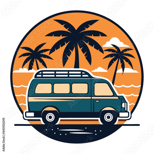 White minivan car with retro classic wheels on the beach for summer travel