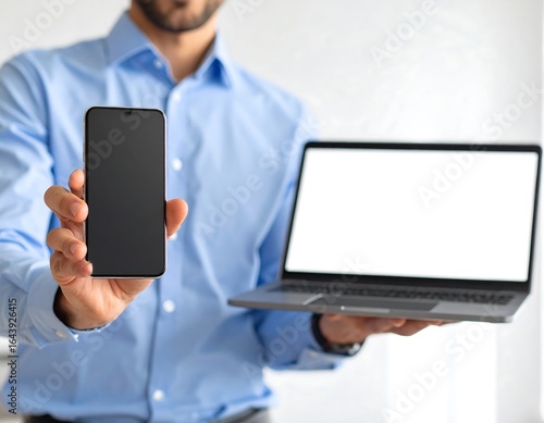 Person holding a smartphone and laptop computer.