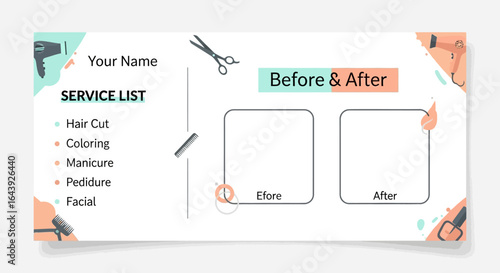 Salon service list template featuring "Before & After" image placeholders, a service list including haircut, coloring, manicure, pedicure, and facial, with scattered salon tools.