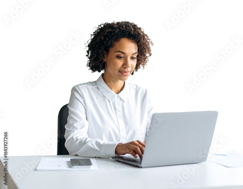 Firefly_3d Money Bag with dollar sign - Firefly_A woman uses a laptop, curly-haired in a white shirt isolated transparent background (2)