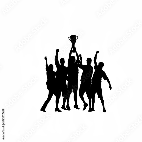 Diverse sports team celebrating in a tight huddle silhouette isolated on white background