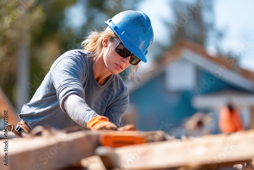 Volunteers helping families rebuild homes after natural disaster, construction materials and community cooperation, natural daylight with construction activity lighting, shot with 70mm lens, rebuildin