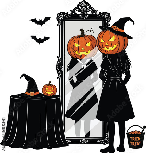 A girl in a witch costume with a pumpkin head looks in the mirror for halloween