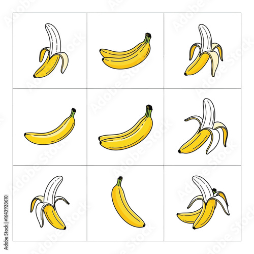 Vector art of collection of fresh yellow bananas isolated on white background