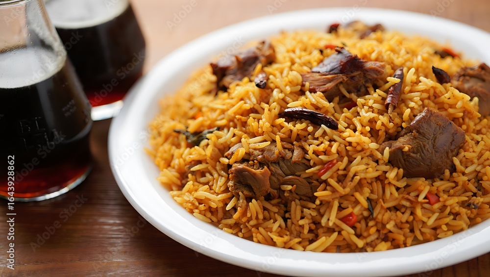Savory Lamb Pilaf with Dark Beverage in Glass Bottles on Wooden Table rice meat Savory Lamb Pilaf with Dark Beverage in Glass Bottles on Wooden Table rice meat