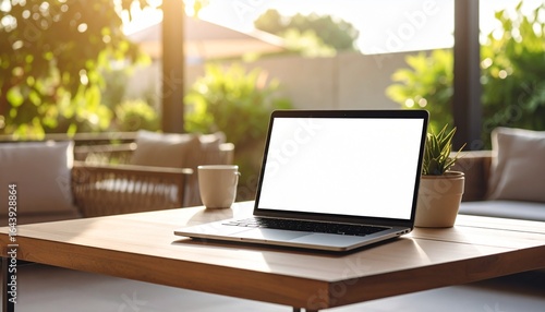 Laptop on a Wooden Table with Cozy Outdoor Workspace in Natural Light