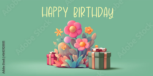 Gifts, beautiful blooming flowers, 3D. Modern happy birthday banner. For greetings, invitations, celebration concepts. Vector illustration.