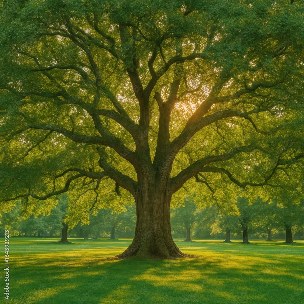 Fototapeta premium A grand, mature oak tree with a thick trunk and sprawling branches dominates the scene in a lush city park