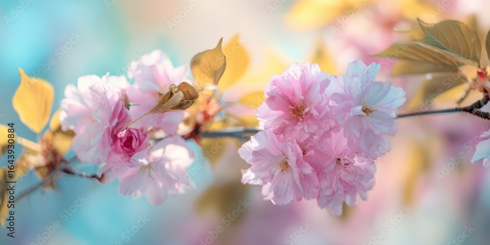 Obraz premium The beautiful cherry blossoms blooming against a serene pastel background.