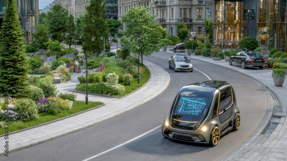 Obraz premium Futuristic electric vehicle driving through a beautifully landscaped urban area, showcasing modern architecture, greenery, and advanced technology in a vibrant city environment
