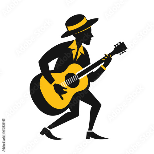 A musician in a hat and jeans is playing a bass guitar