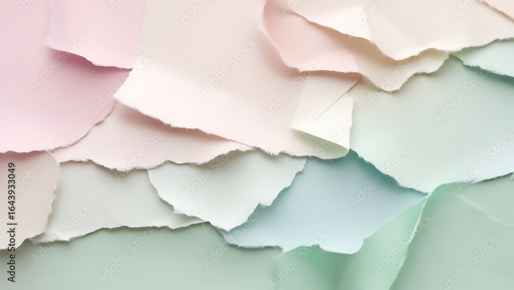 Fototapeta premium Abstract background of torn pastel colored paper layers in soft pink, cream, and mint green hues image