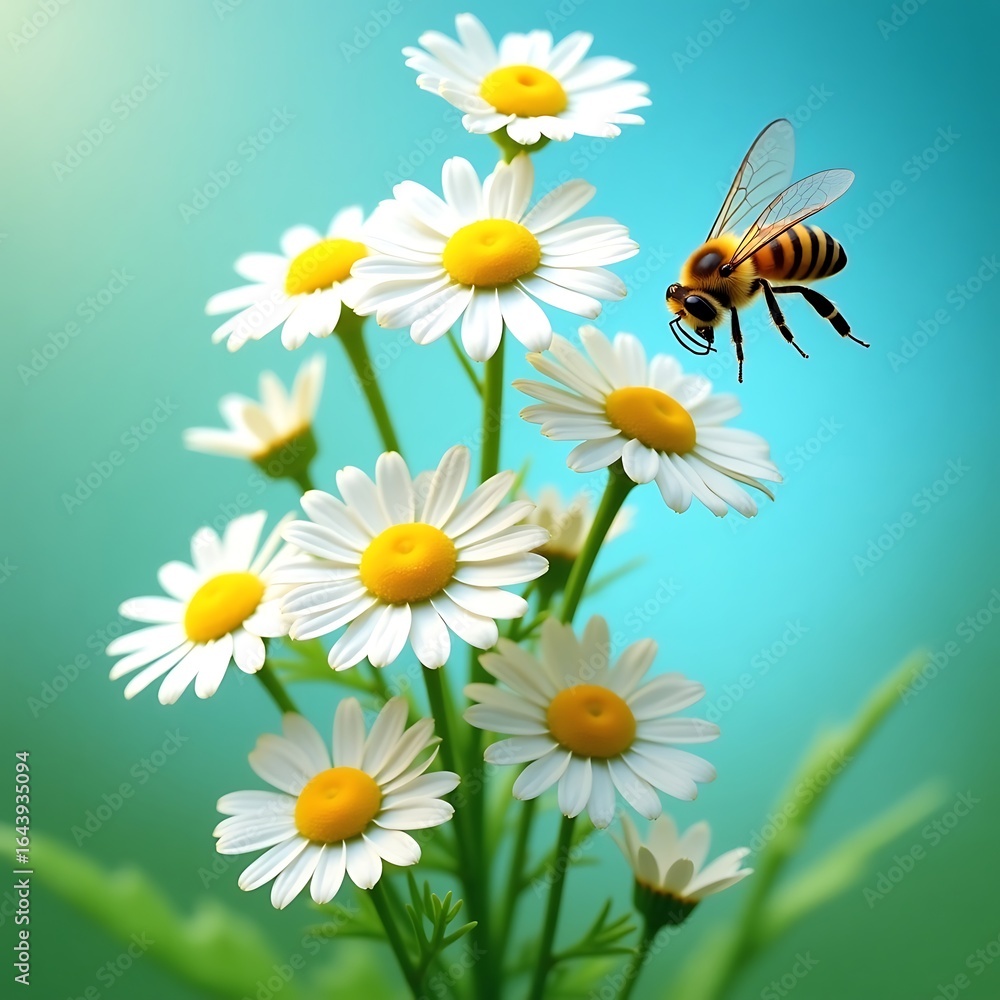 Honeybee in Flight Above Delicate Daisies Honeybee in Flight Above Delicate Daisies